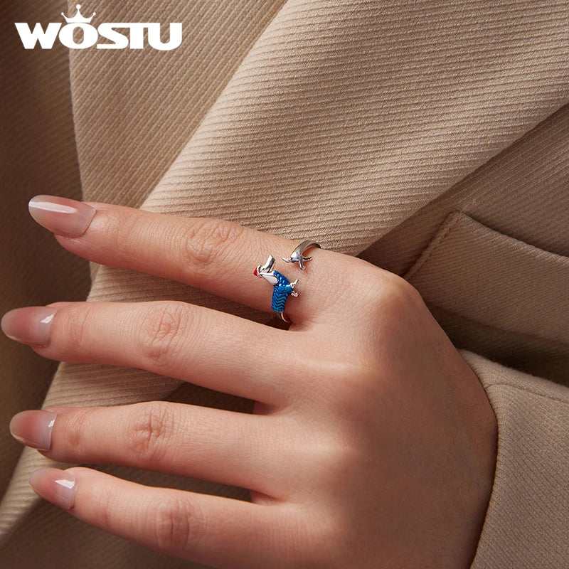 WOSTU 925 Sterling Silver Dachshund Dog Open Ring With Christmas Hat, 925 Sterling Silver Pet Animal Unique Xmas Gift For Her