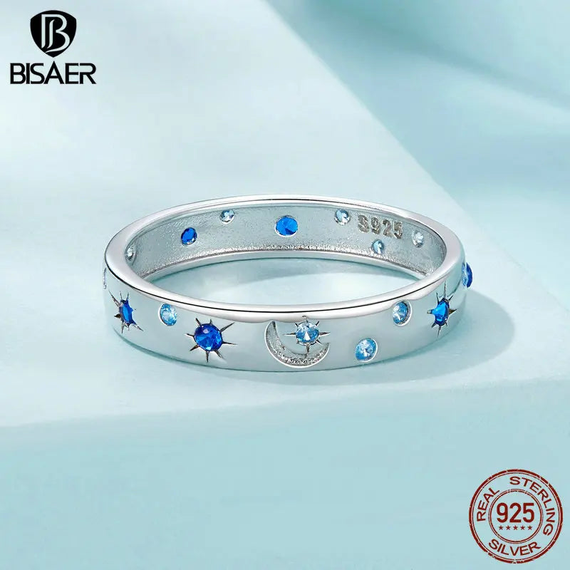 BISAER Bague étoile et lune 100 % argent sterling 925 avec zircon bleu plaqué or blanc pour femme, bijoux fins de fête, cadeau