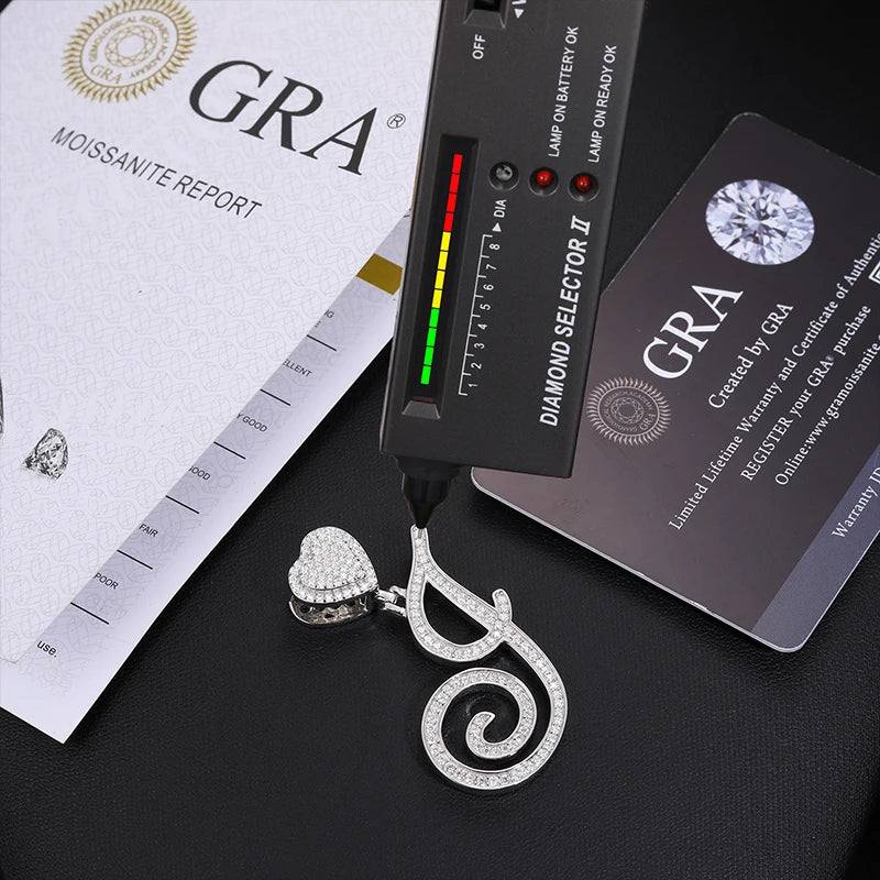 A-Z Cursive Letter Heart 925 Silver Pendant Iced Out Cuban Necklace For Women Moissanite Link Chain Hip Hop Jewelry