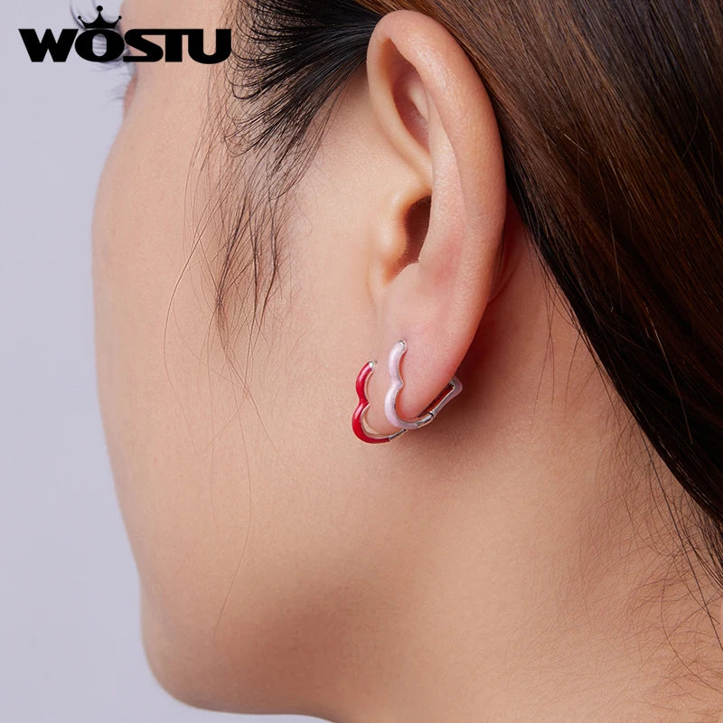 WOSTU 925 Sterling Silver Pink Round Hoop Earrings Colors Heart Original Cute for Women Girl Daily Fine Jewelry Birthday Gift