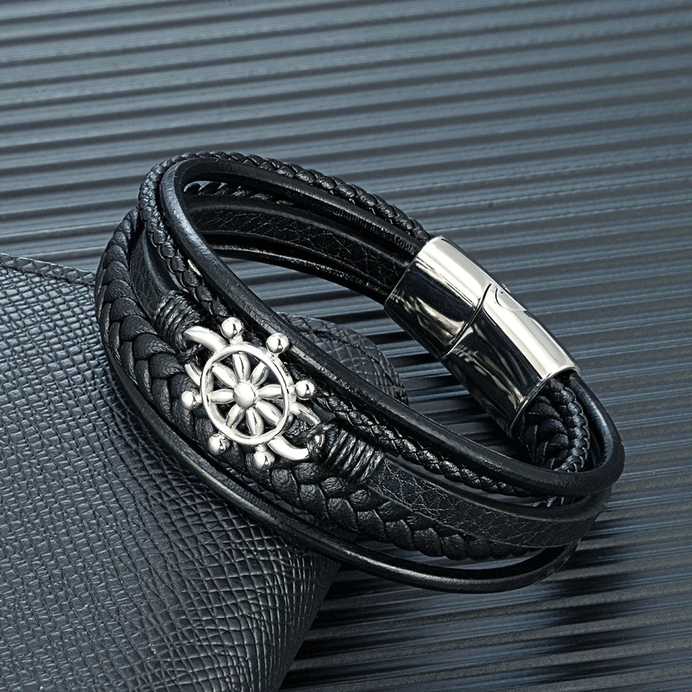 MKENDN Mode Männer Anker Ruder Armband Gewebte Mehrschichtige Geflochtene Lederarmbänder Für Frauen Edelstahl Schmuck Geschenke