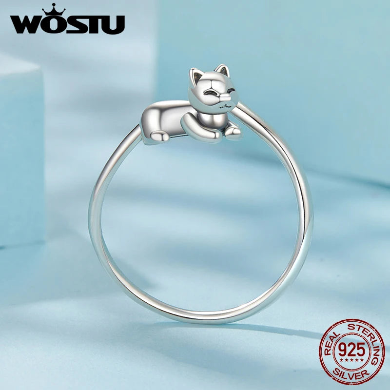 WOSTU 925 Sterling Silver Love Cut Cat Pet Opening Ring For Women Solid s925 Animal Adjustable Rings Gift For daughter Faimly