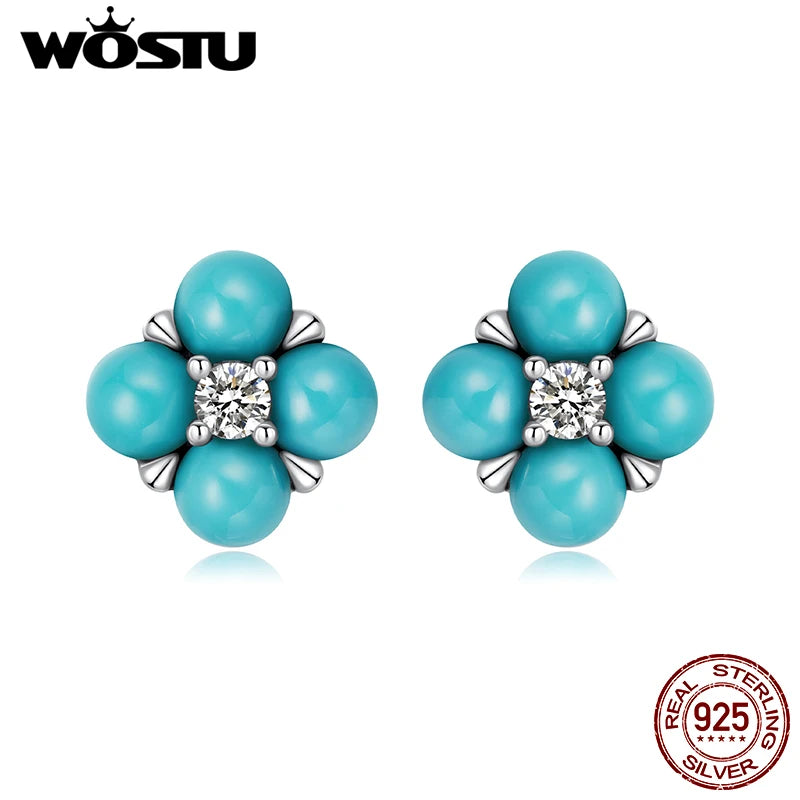 WOSTU 925 Sterling Silver Mini Turquoise Four Leaf Clover Stud Earrings For Women With Shiny Zircon Wedding Engagement Jewelry