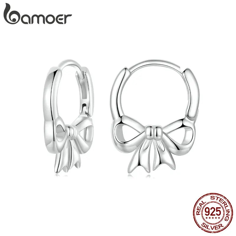 BAMOER Solid 925 Sterling Silver Hypoallergenic Bowknot Earrings for Women Teen Girls Minimalist Hoop Earrings Sweet Bow BSE1078