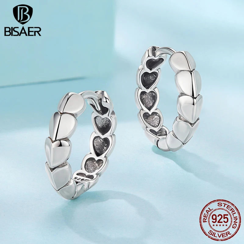 BISAER Solid 925 Sterling Silver Heart Hoop Earrings Symbol of Eternal Love Stud Earrings for Women Party Fine Jewelry ECE1905