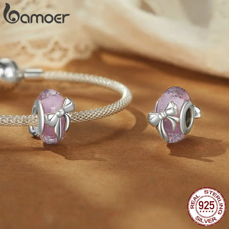 BAMOER Charm-Perle mit Schleife aus massivem 925er Sterlingsilber für originale Armbänder, DIY-Bamoer-Charm zur Schmuckherstellung, BSC1057