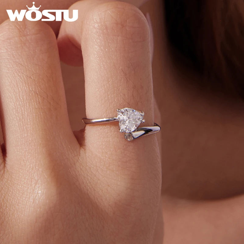 WOSTU Elegant Dainty S925 Sterling Silver Heart Ring For Women, Minimalist Jewelry Heart Zircon Open Rings Perfect Gift for Her