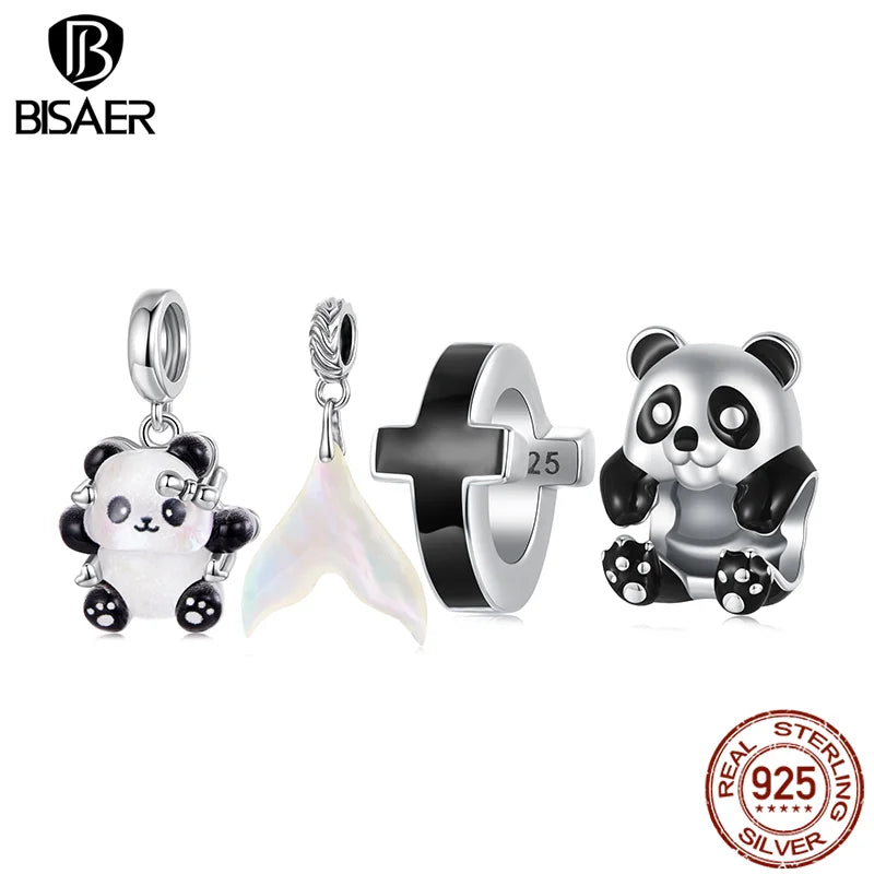 BISAER 925 Sterling Silver Bear Pendant Black Enamel Process Cross Spacer Beads for Women DIY Bracelet & Necklace Fine Jewelry