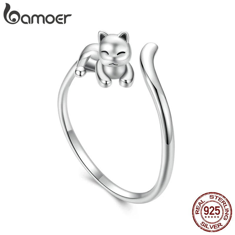 BAMOER 2025 Solid 925 Sterling Silver Cute Cat Adjustable Rings Lovely Cats Animals Open Ring Jewelry for Women SCR1116-E