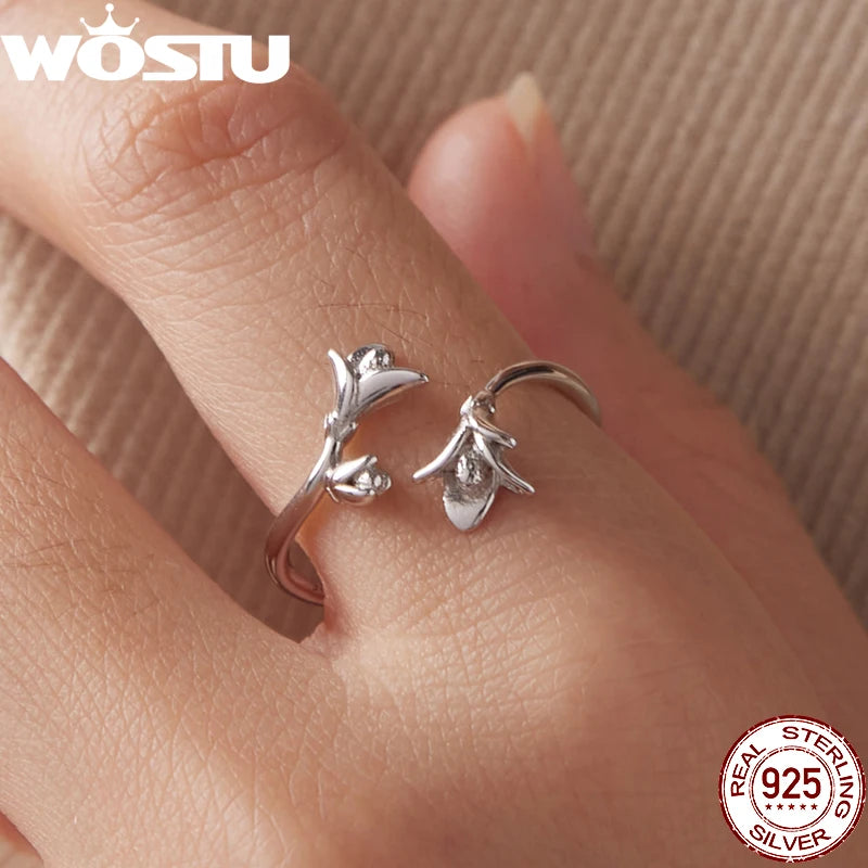 WOSTU 925 Sterling Sliver Open Adjustable Ring For Women, Leaf Flower Branch Ring Dainty Stackable Anillo Party Jewelry Gift