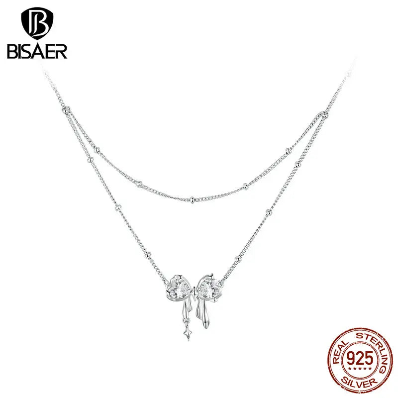 Collier avec pendentif en forme de nœud papillon éblouissant en argent sterling 925 BISAER, chaîne réglable plaquée or blanc pour femme, bijoux fins de mariage