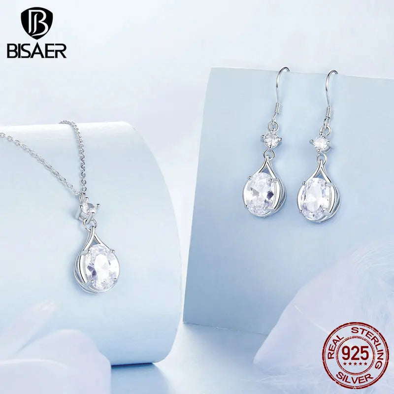 Boucles d'oreilles à tige en forme de larme en argent sterling 925 BISAER avec zircon scintillant plaqué or blanc pour femme, bijoux fins de mariage