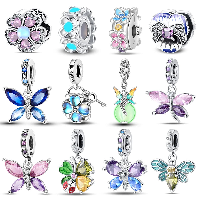 Springtime 925 Silver Gem Butterfly Dragonfly Flowers Charms Pendant Fit Pandach 925 Original Bracelets DIY Little Fresh Jewelry