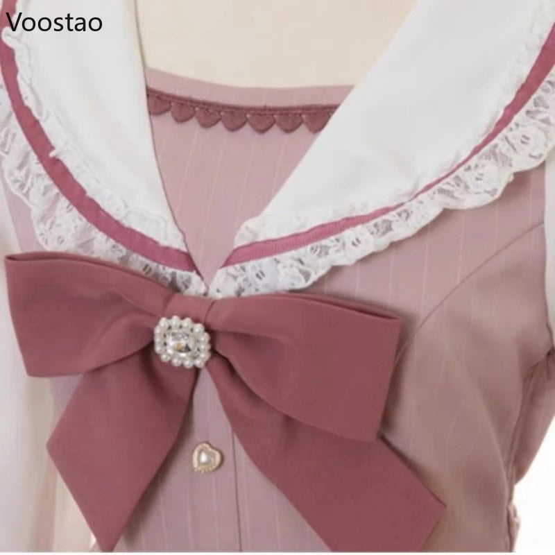 Japanese Gothic Y2k Lolita Plaid Dress Shorts Set Women Sweet Bow Sailor Collar Puff Sleeve Party Dresses Female A-Line Dress