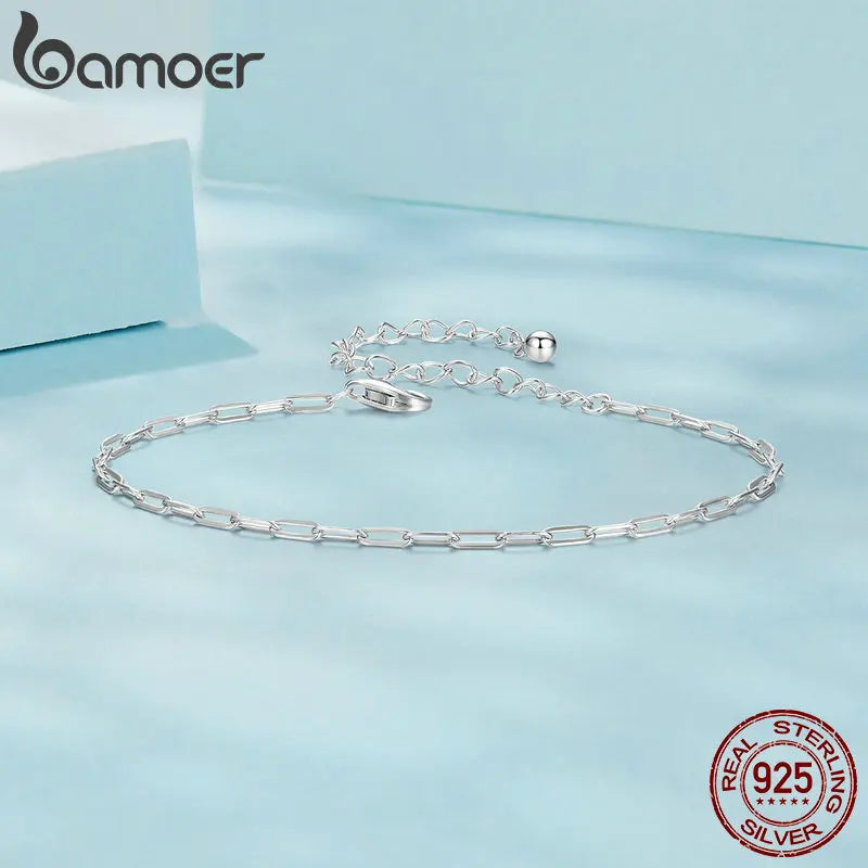 BAMOER Solid 925 Sterling Silver Square Chain Bracelets for Women, White Gold Plated Handmade Basic Bracelets Birthday Gift