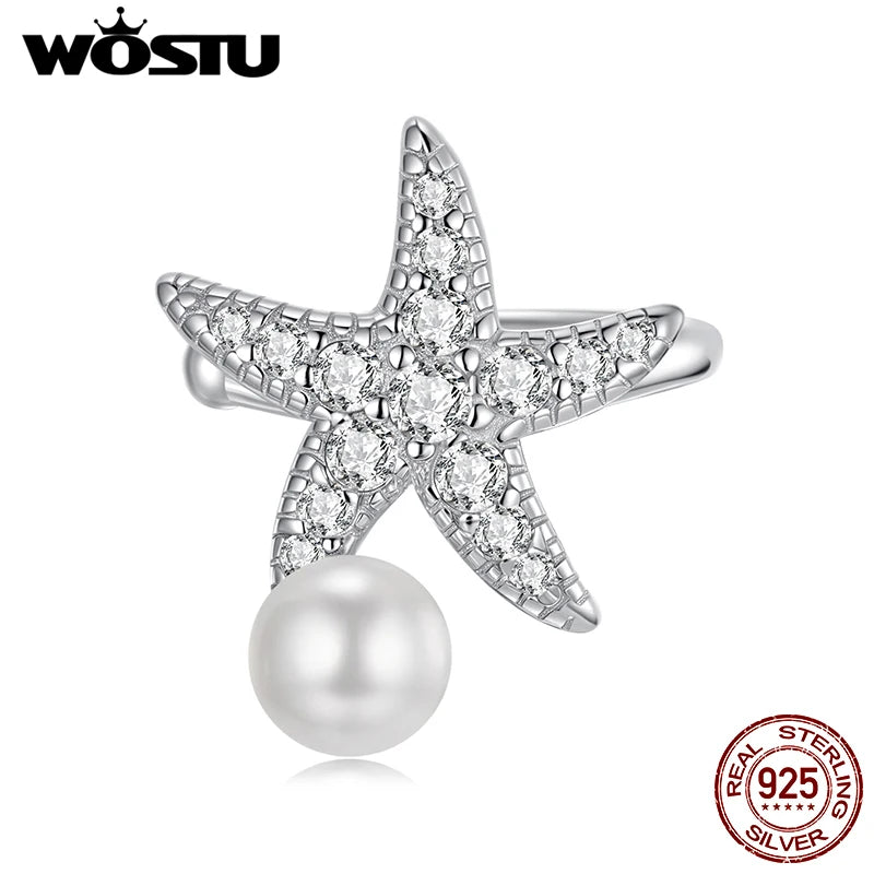 WOSTU 925 Sterling Silver Starfish Mermaid Ear Cuff Clip Earrings For Women Fashion Jewelry CQE842