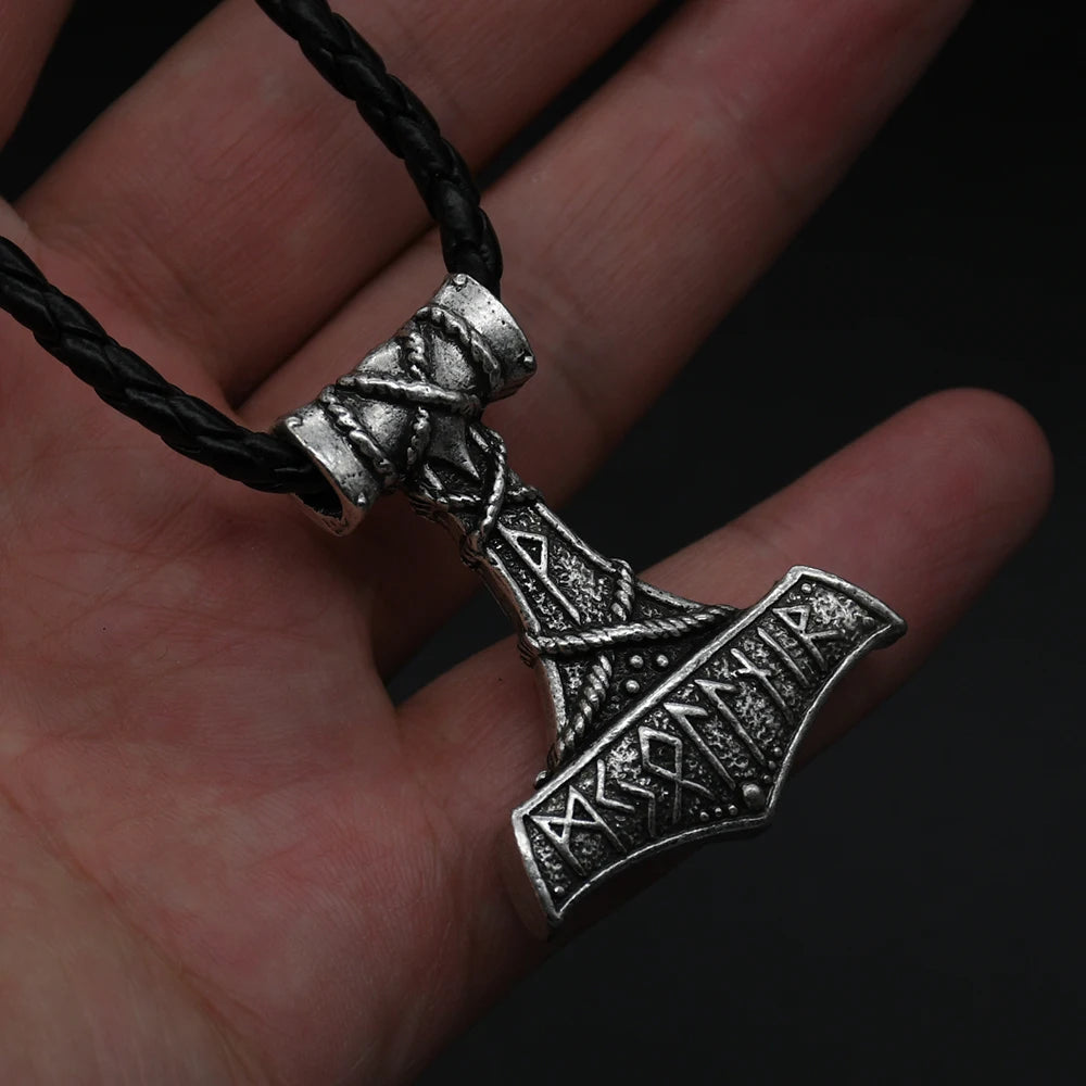 Viking Thor's Hammer Pendant Necklace Men's Vintage Nordic Rune Jewelry Amulet Gift