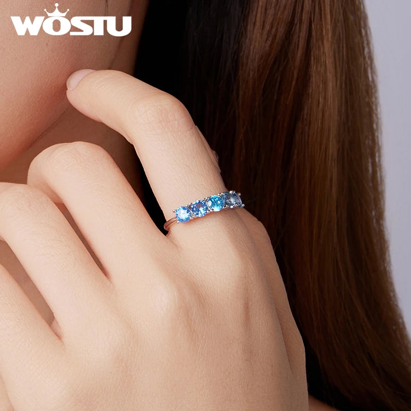WOSTU 925 Sterling Silver Classical Round Ocean Blue CZ Sapphire Ring For Women Engagement Party Wedding Holiday Jewelry Gift