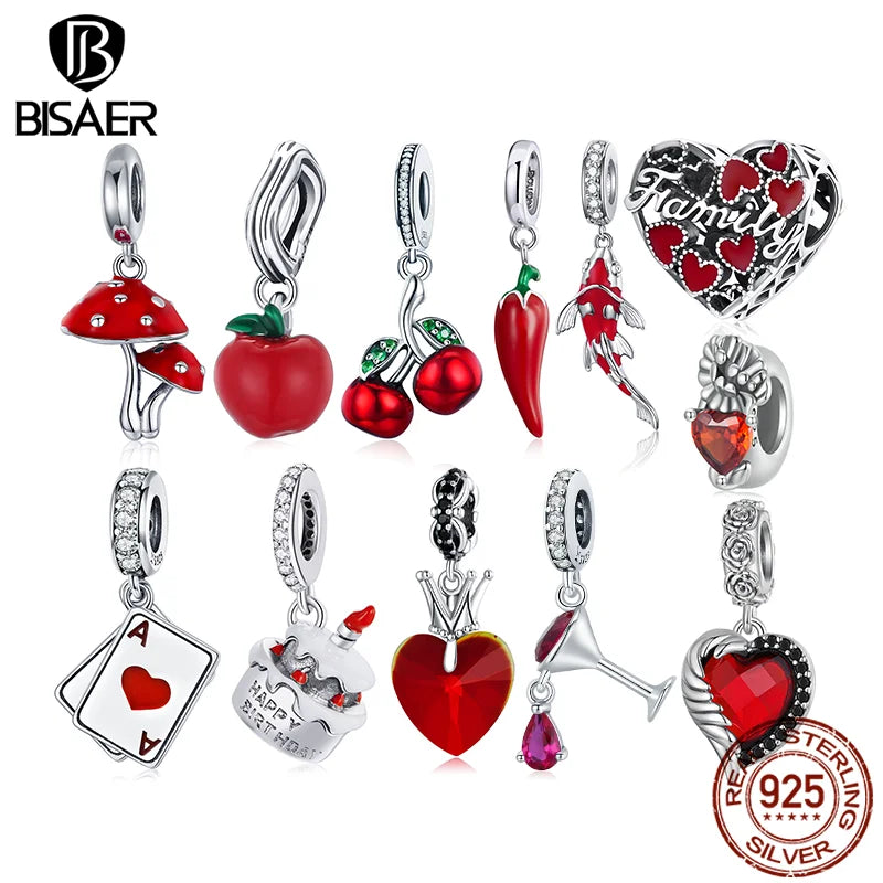 BISAER 925 Sterling Silver Red Love Charm Bead Koi Apple Cherry Mushroom Chili Ace Heart Pendant For Women DIY Bracelet Jewelry