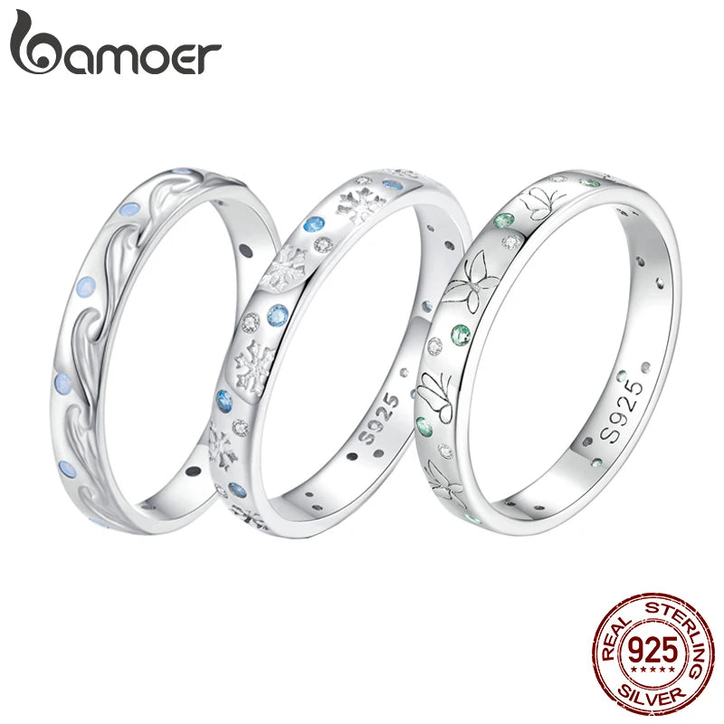 Bamoer 925 Sterling Silber Saison Serie Seewelle Fingerring Schmetterlingsring Blattband für Frauen Geburtstagsgeschenk Edler Schmuck