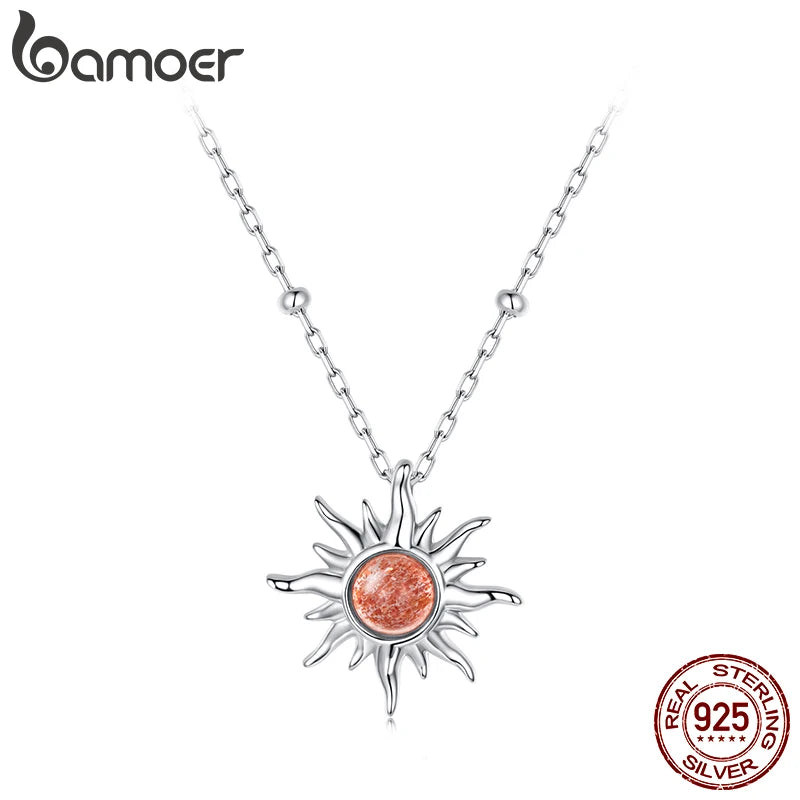 BAMOER 925 Sterling Silver Golden Sun Necklace Natural Sunstone Gem Pendant Necklace Beads Link Chain Women Mother Lucky Gift