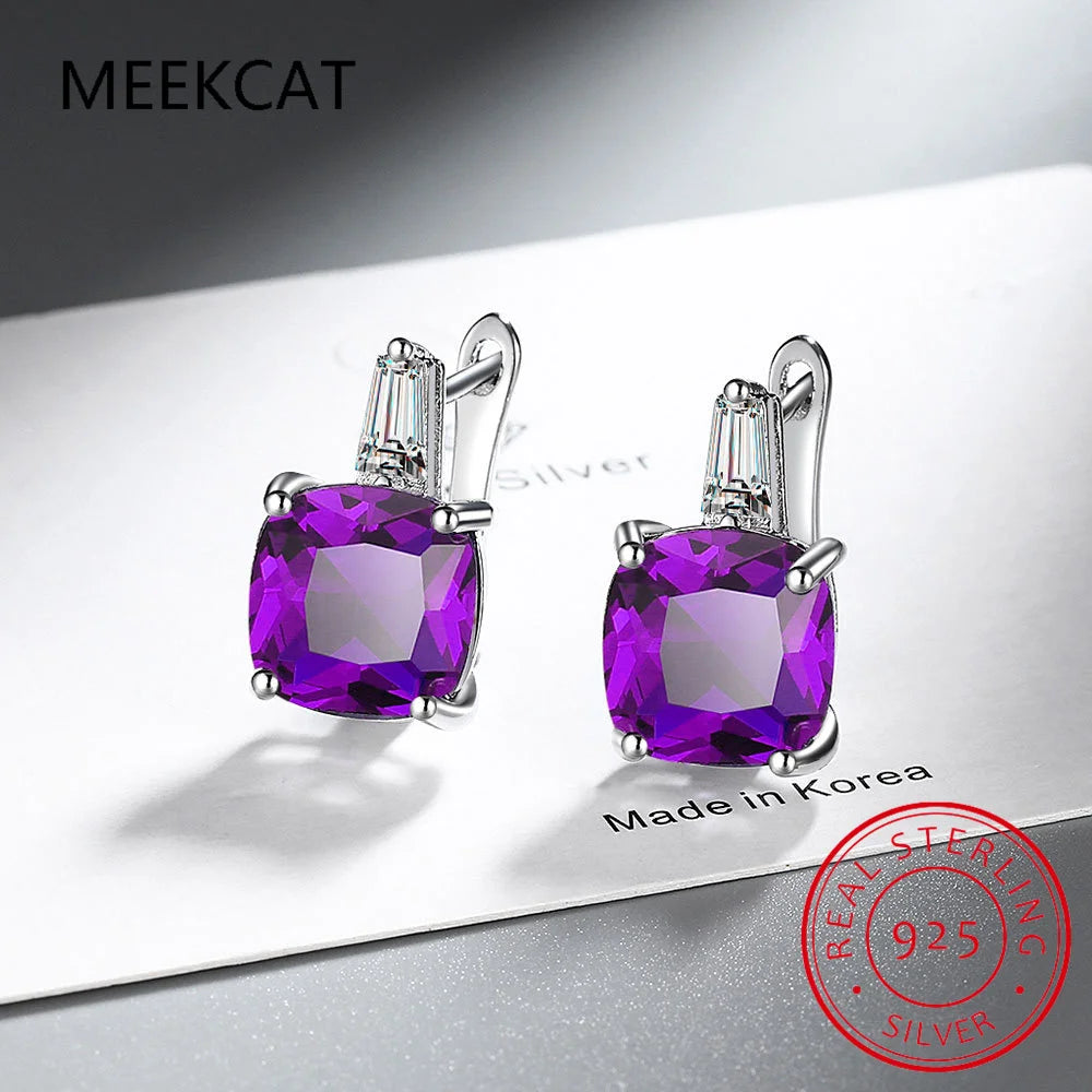 Cushion Cut Genuine Amethyst 925 Sterling Silver Hoop Earrings for Women Fashion Square Gemstone Jewelry Anniversary Gift