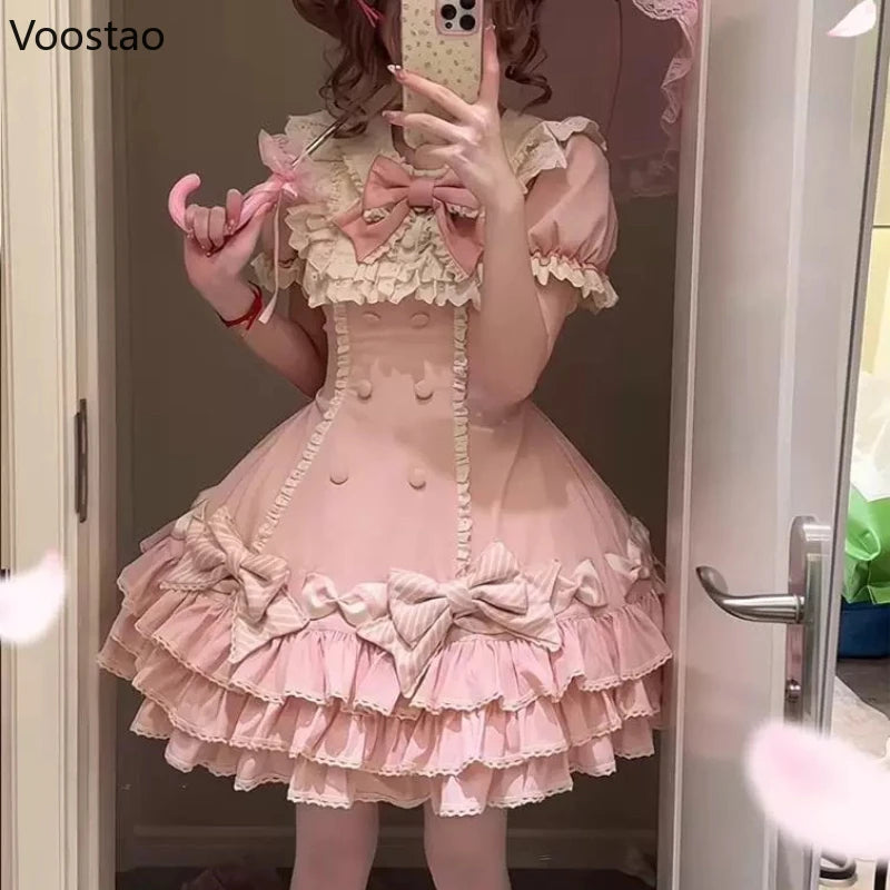 Japanese Sweet Lolita OP Dress Women Vintage Kawaii Lace Puff Sleeve B