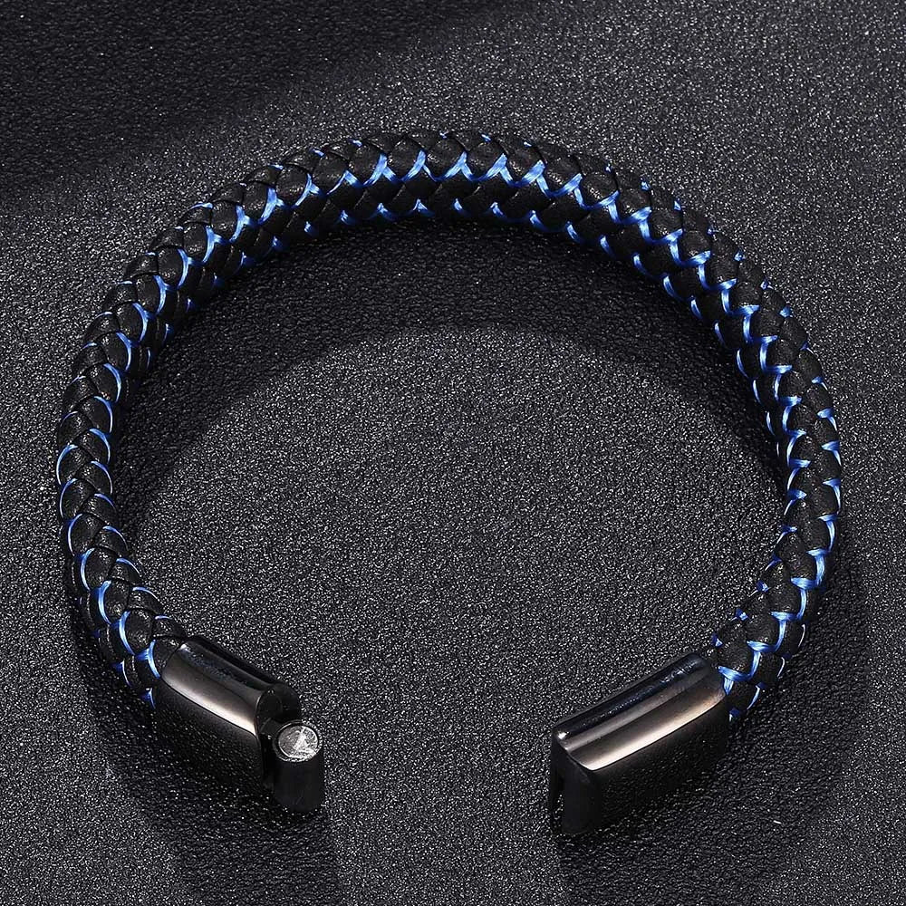 MKENDN Punk Men Braided Genuine Braided Blue Leather Bracelet Black Stainless Steel Magnetic Buckle Bracelet Gifts Homme Pulsera