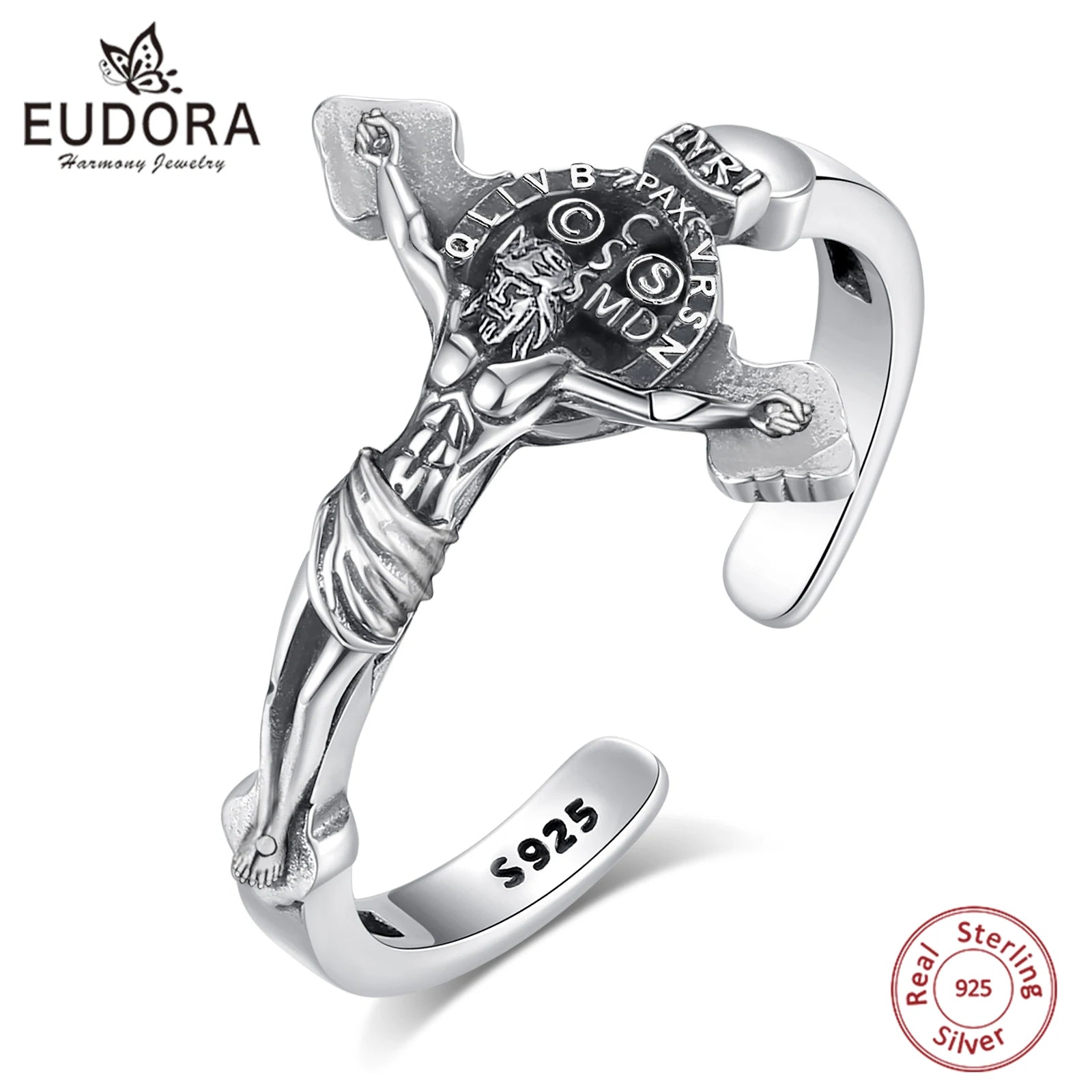 Eudora 925 Sterling Silver Saint Benedict Medal Adjustable Ring Vintage San Benedict Cross Amulet Ring Religious Jewelry Gift