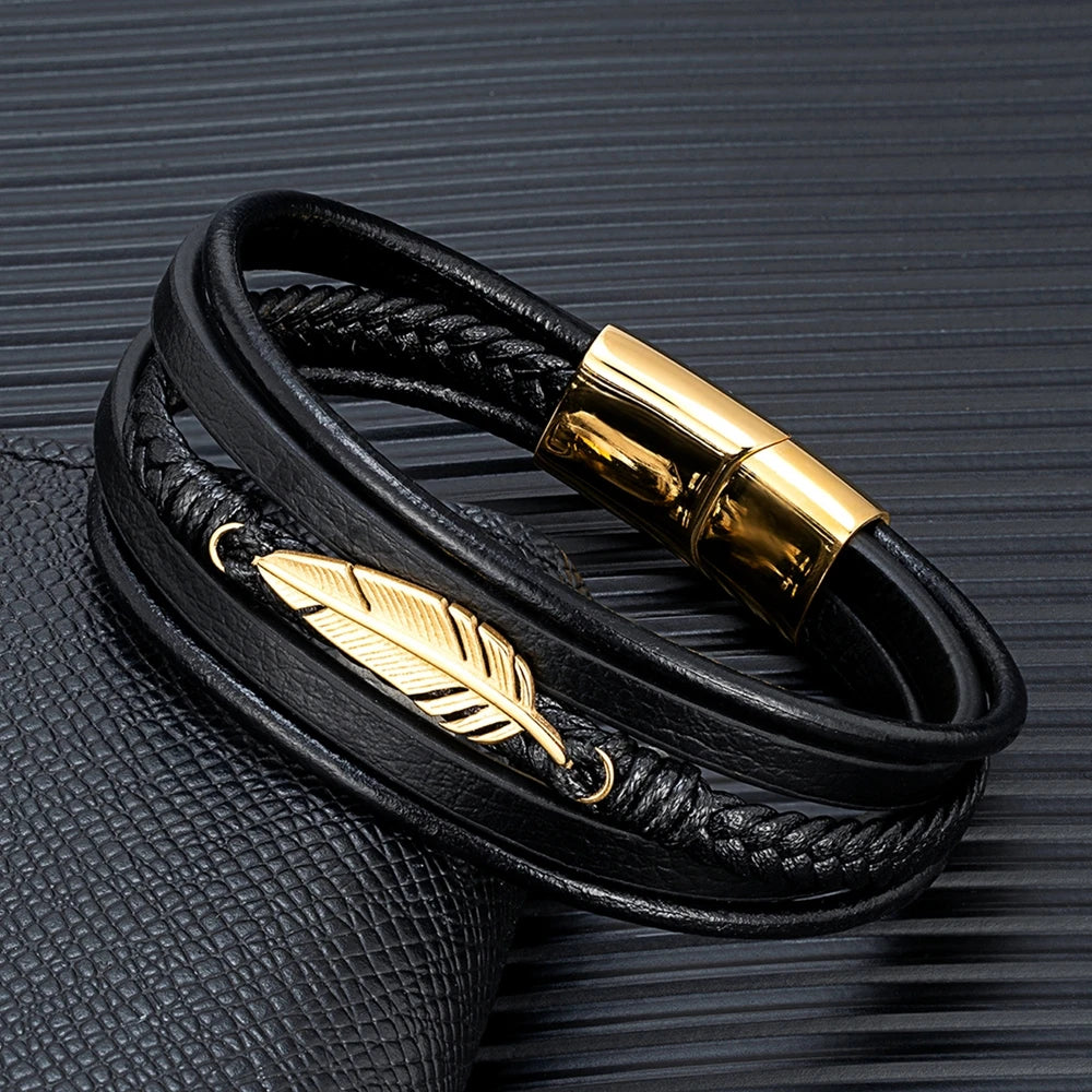MKENDN Simple Classic Feather Genuine Leather Bracelet Braided Multilayer Stainless Steel Magnetic Clasp Wrap Bangle - Madeinsea©