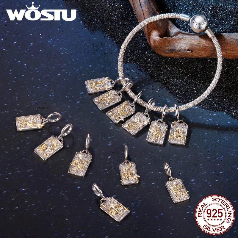 WOSTU 925 Sterling Silver Aquarius Pendant Zodiac Lucky Star Pedant Original Fit for Women Bracelet Birthday Daily Fine Jewelry