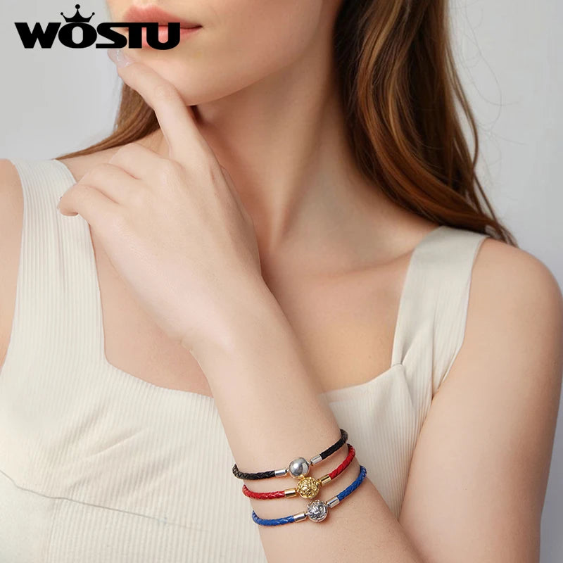 WOSTU 925 Sterling Silver Braided Leather Rope Bracelet For Women Retro Flower Heart Lock Basic Bangle Bracelet Black Red Blue