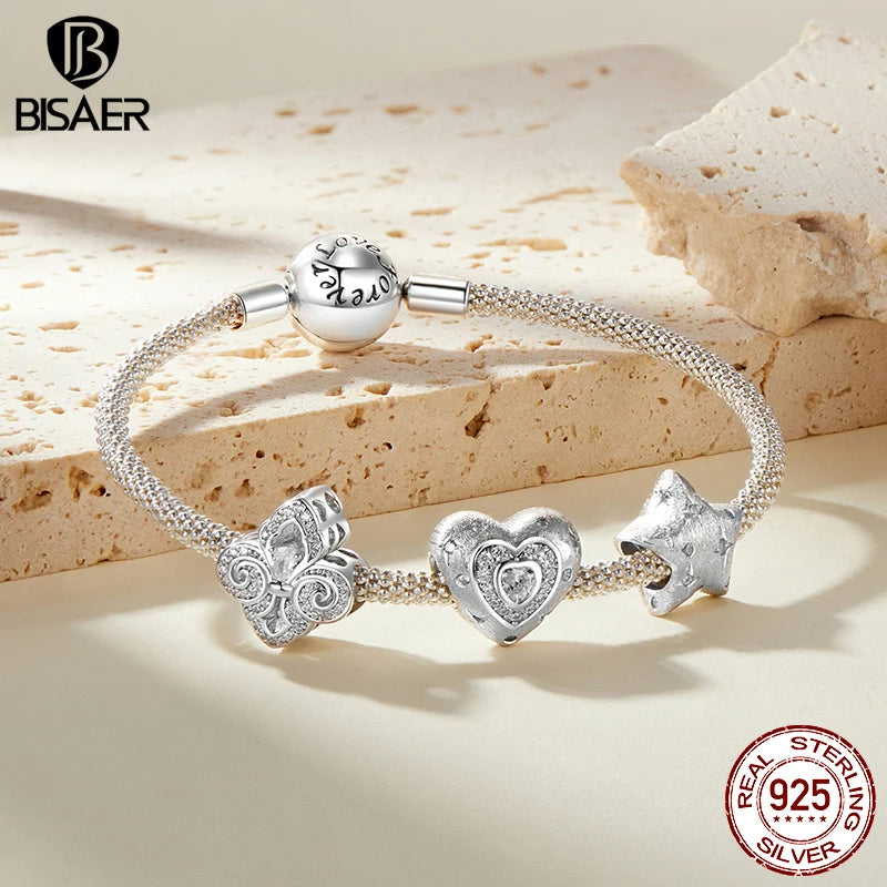 BISAER 925 Argent Sterling Étoile Brillante Coeur Breloque Perle Tissé Iris Perle Bowknot Pendentif Fit Femmes DIY Bracelet Fine Bijoux