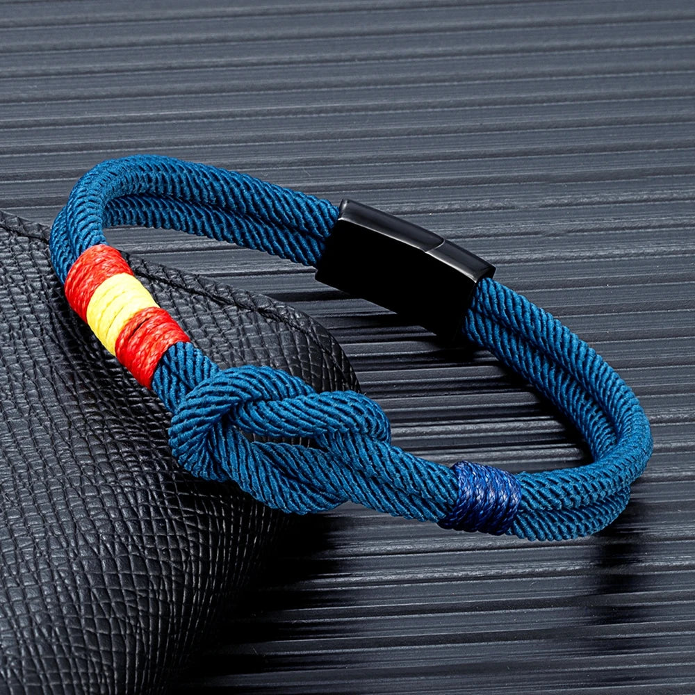 MKENDN Fashion Men Women Spain Flag Double Strand Nautical Rope Bracelet Brushed Black Stainless Steel Magnet Buckle Accessories