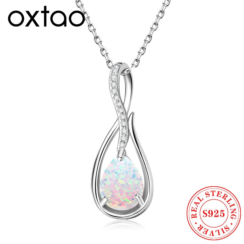 OXTAO 10x7mm Artificial Gemstone Pendant for Women Real 925 Sterling Silver Pear Cut White Opal Pendant Necklace Luxury Jewelry
