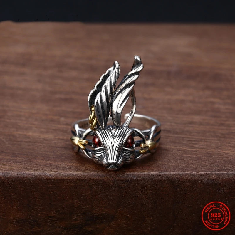 MKENDN Vintage 100% 925 Sterling Silver Big Ear Rabbit Ring With Red Eyes For Men and Women Gothic Street Hip Hop Punk Jewelry