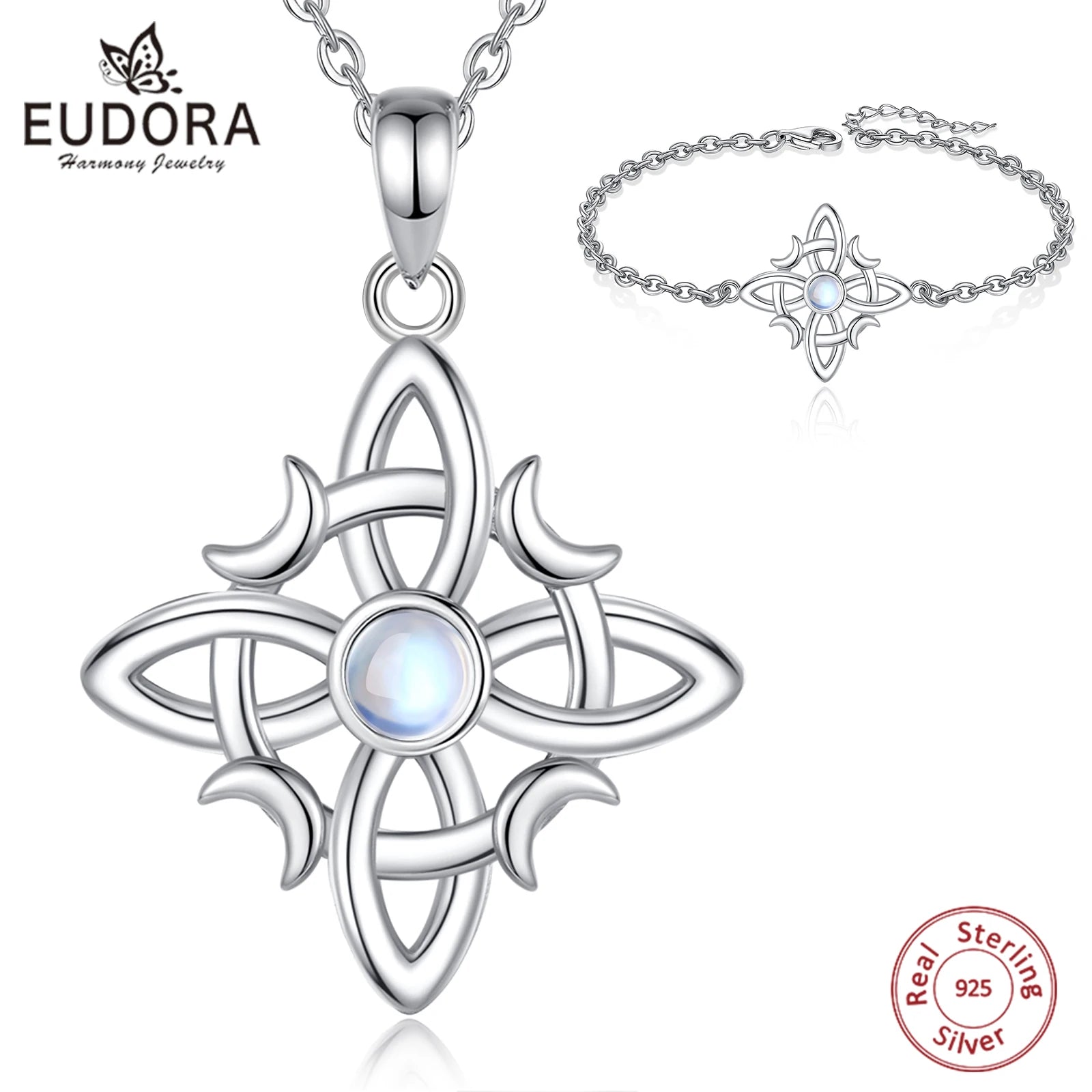 Eudora 925 Sterling Silver Witches Knot Necklace & Bracelet Moonstone Wicca Amulet Jewelry Set Fine Gift for Women Girl