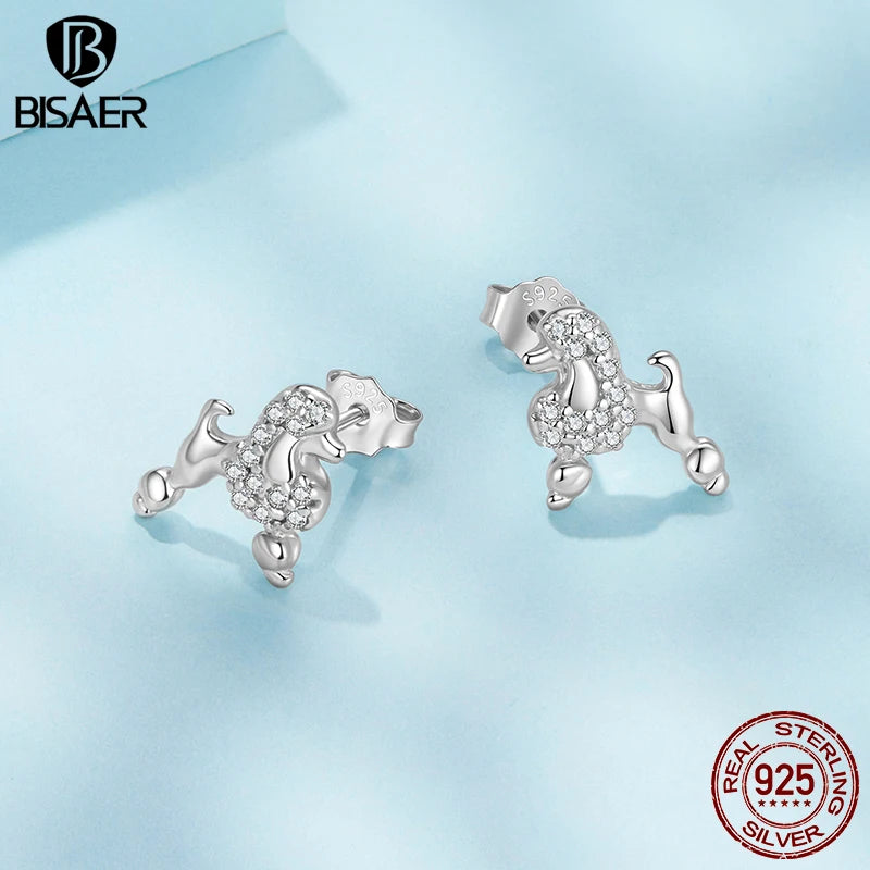 BISAER 925 Sterling Silver Poodle Stud Earrings Pet Dog Earrings Pavé Setting Zircon Plated White Gold for Women Fine Jewelry