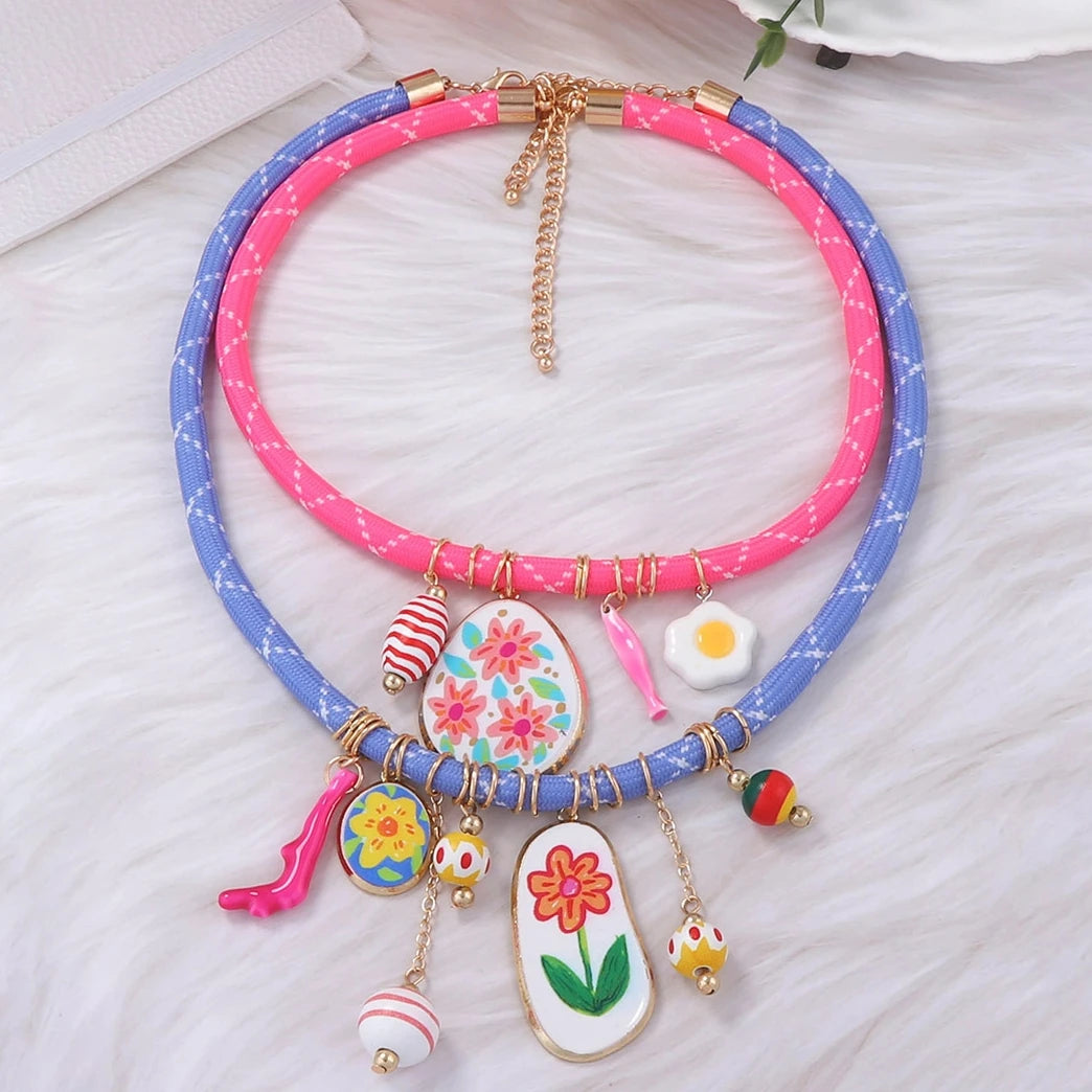 ZAA Personalized Trendy Colorful Rope Flower Coral Egg Necklace