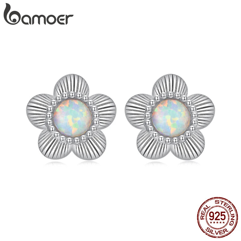 BAMOER Solid 925 Sterling Silver Opal Flower Stud Earrings for Women Teens Hypoallergenic Small Cute Dainty Stud Earrings