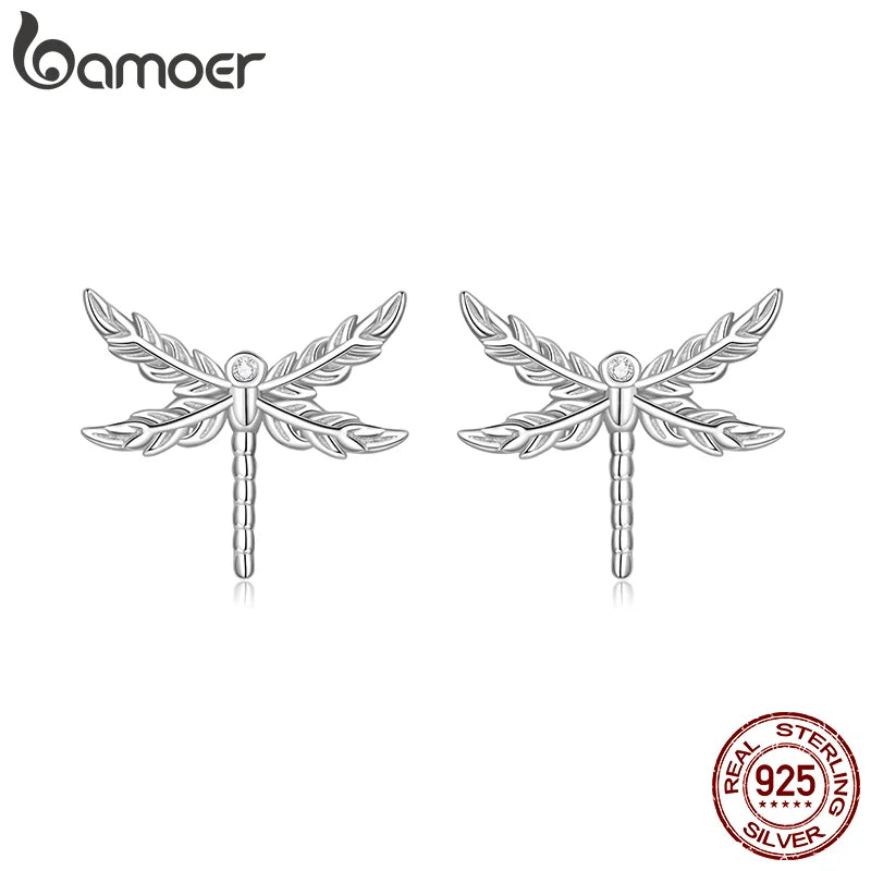 BAMOER 925 Sterling Silver Dragonfly Stud Earrings Retro Inset Cross Feather Wings CZ Earrings For Women Girl Cute Daily Jewelry