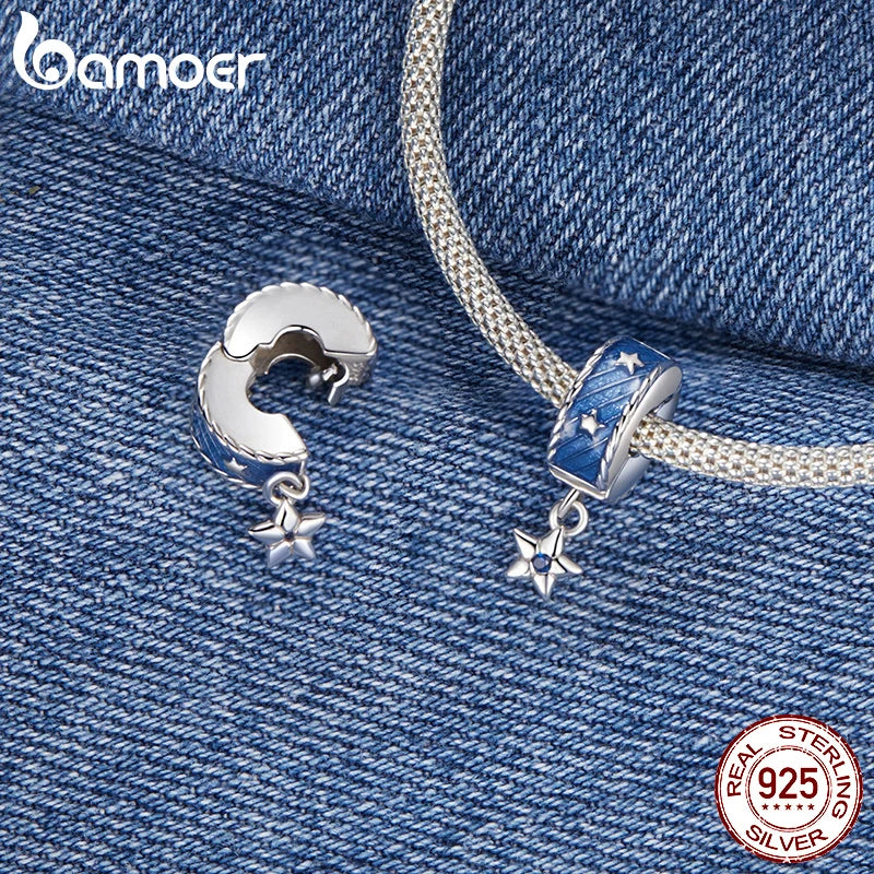 BAMOER Solid 925 Sterling Silver Denim Star Stopper Clip Bead fit Original Bracelet DIY Bamoer Charm for Jewelry Making SCC2933