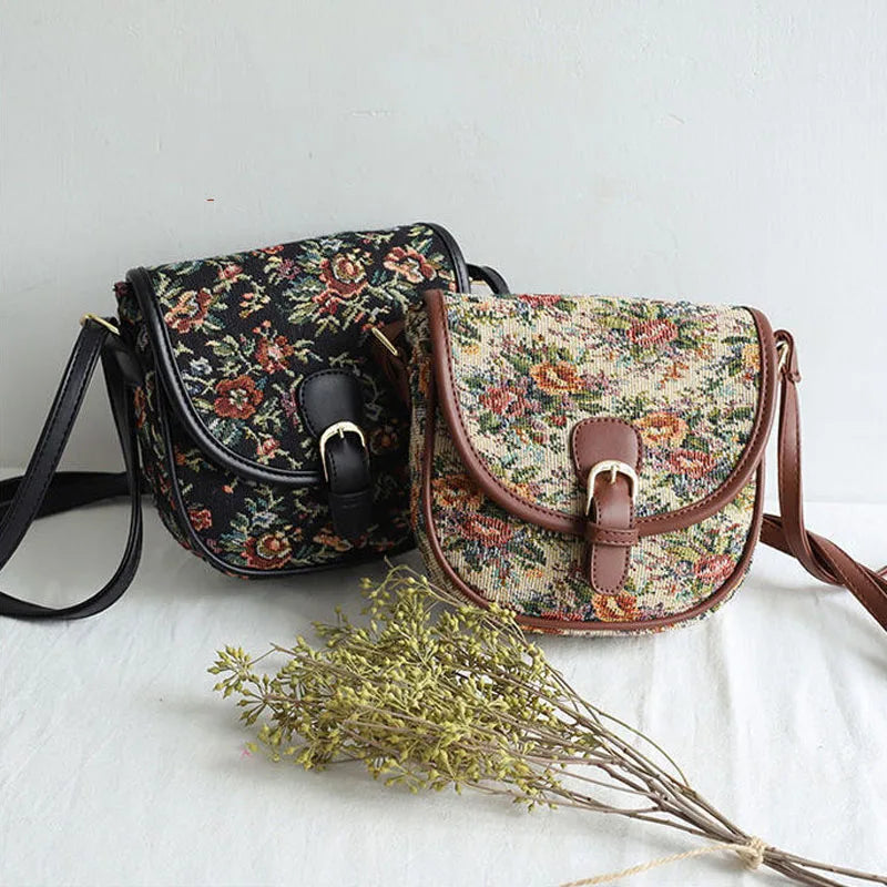 Hylhexyr Shoulder Handbag Literary Saddle Bag Retro Flower Cotton Linen Canvas Tote Female Small Crossbody Bags