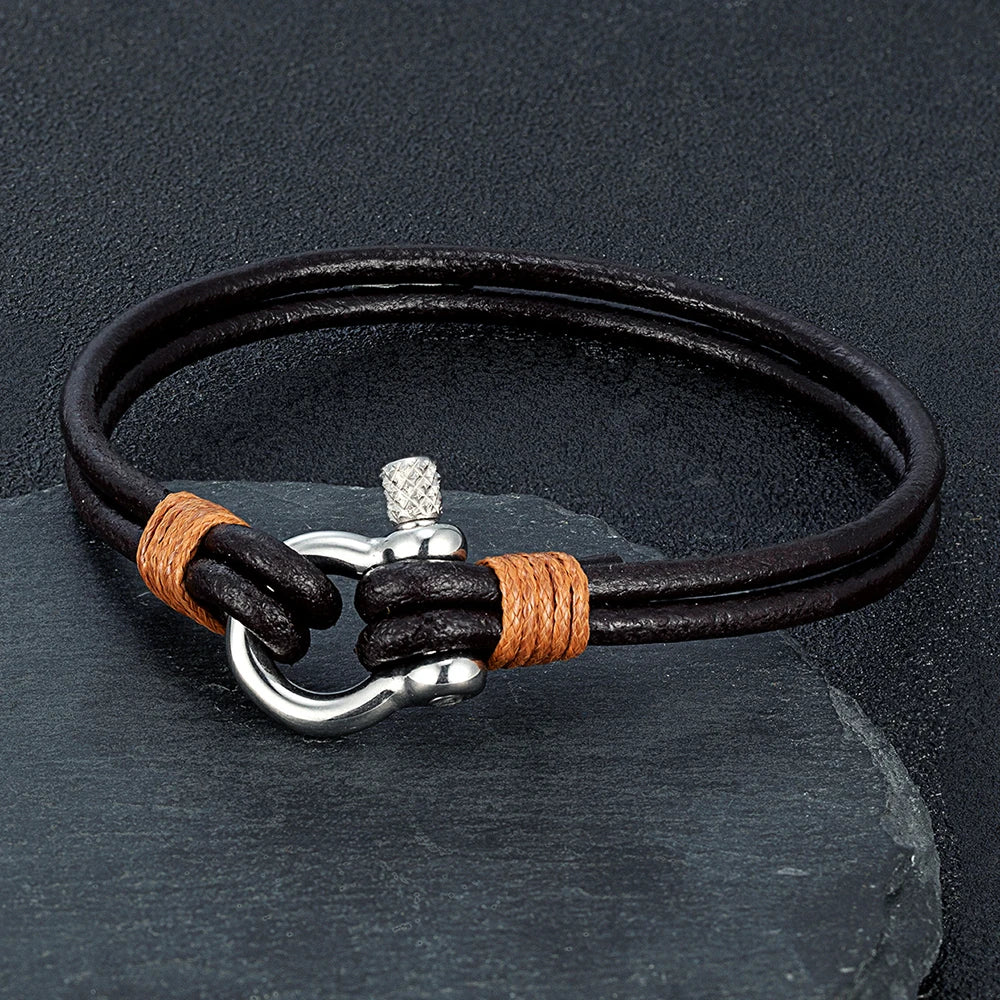 MKENDN Luxury Leather Bracelet Stainless Steel Mini Horseshoe Shackle with Screws Stylish Accessory Perfect Gift for Him