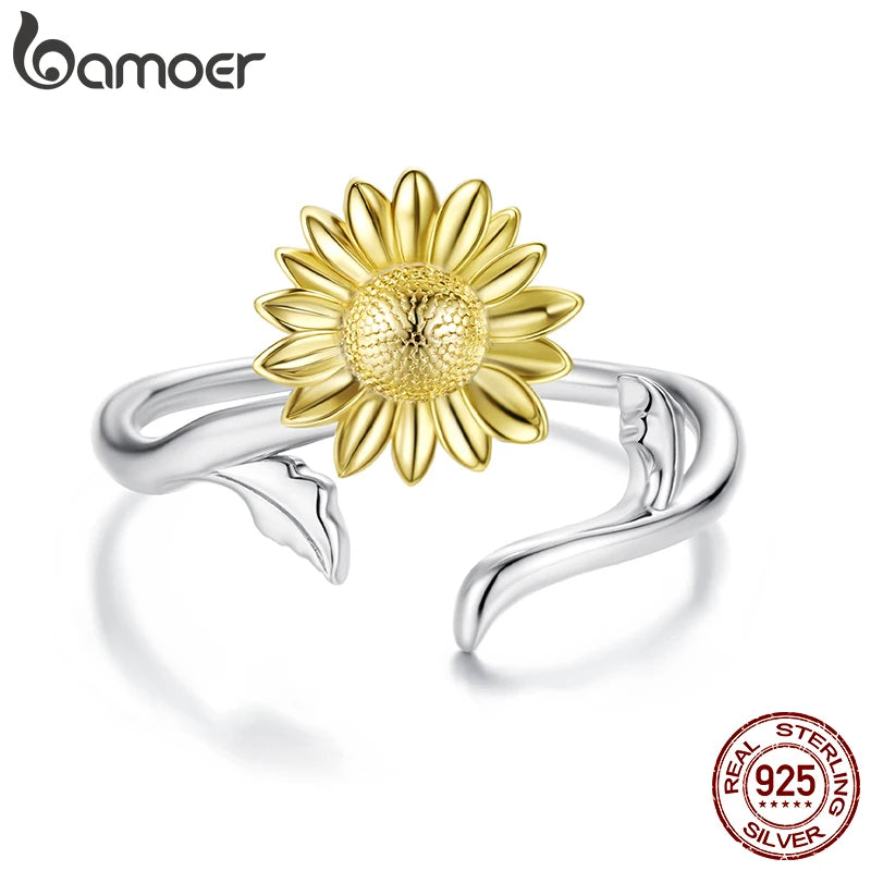Bamoer 925 Sterling Silver Gold Sunflower Open Ring Adjusable Curved Band Flower Ring for Women Girls Lucky Birthday Gift