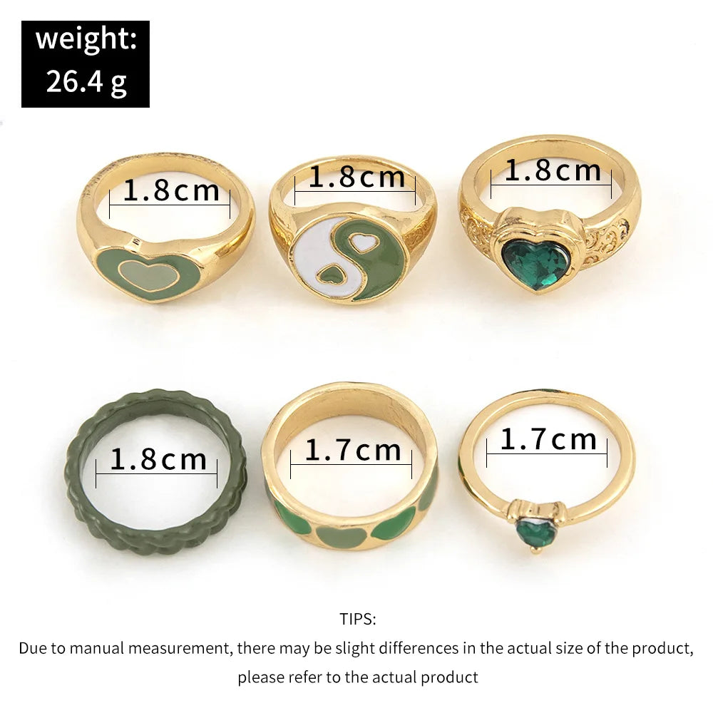 New Green Crystal Heart Kunckle Rings Set For Women Enamel Yin Yang Geometric Finger Ring Girls Fashion Jewelry