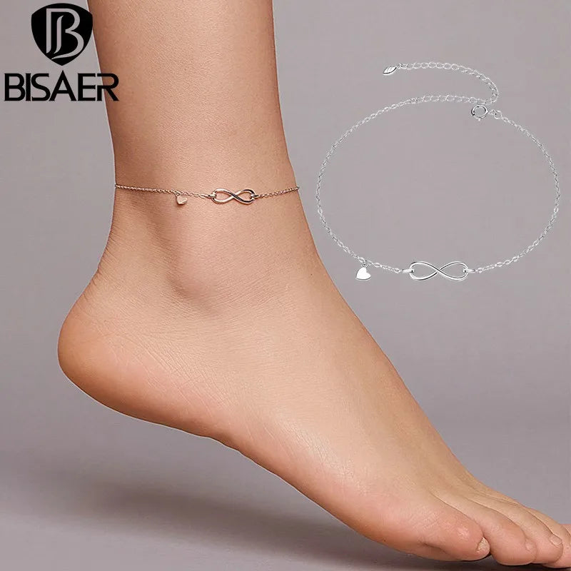BISAER 100% 925 Sterling Silver Infinity Love Bracelets de cheville géométriques en forme de cœur pour femmes Fête Bijoux fins Cadeau de vacances