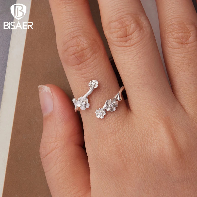 BISAER 925 Sterling Silver Plum Blossom Open Ring Flower Adjustable Band Plated White Gold for Women Party Original Fine Jewelry