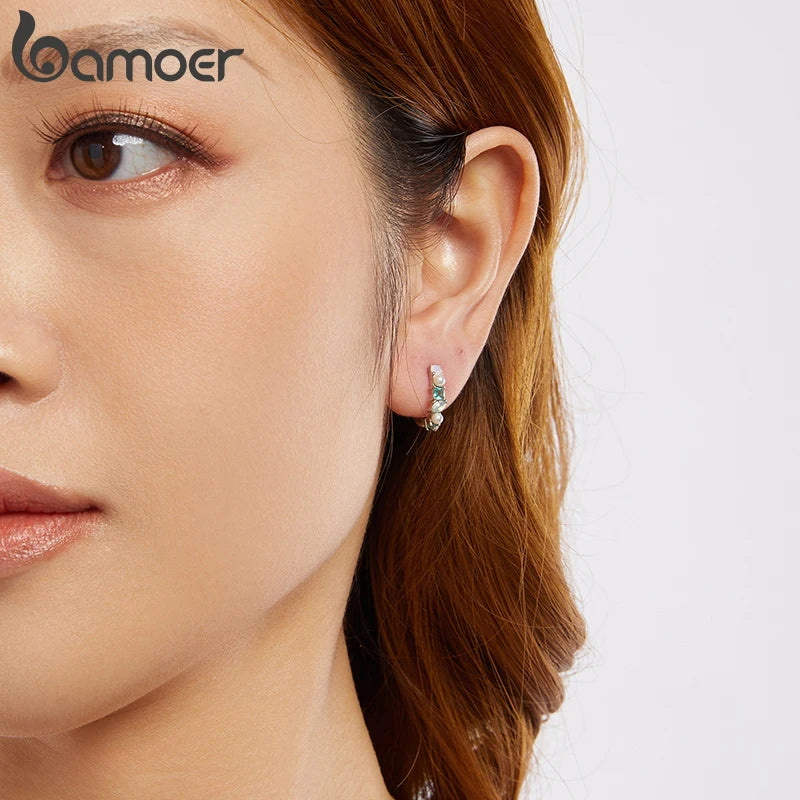 BAMOER 925 Sterling Silber Damen Luxus Pave Mini Huggies Creolen Kreis Runde Ohrringe Regenbogen Schmuck