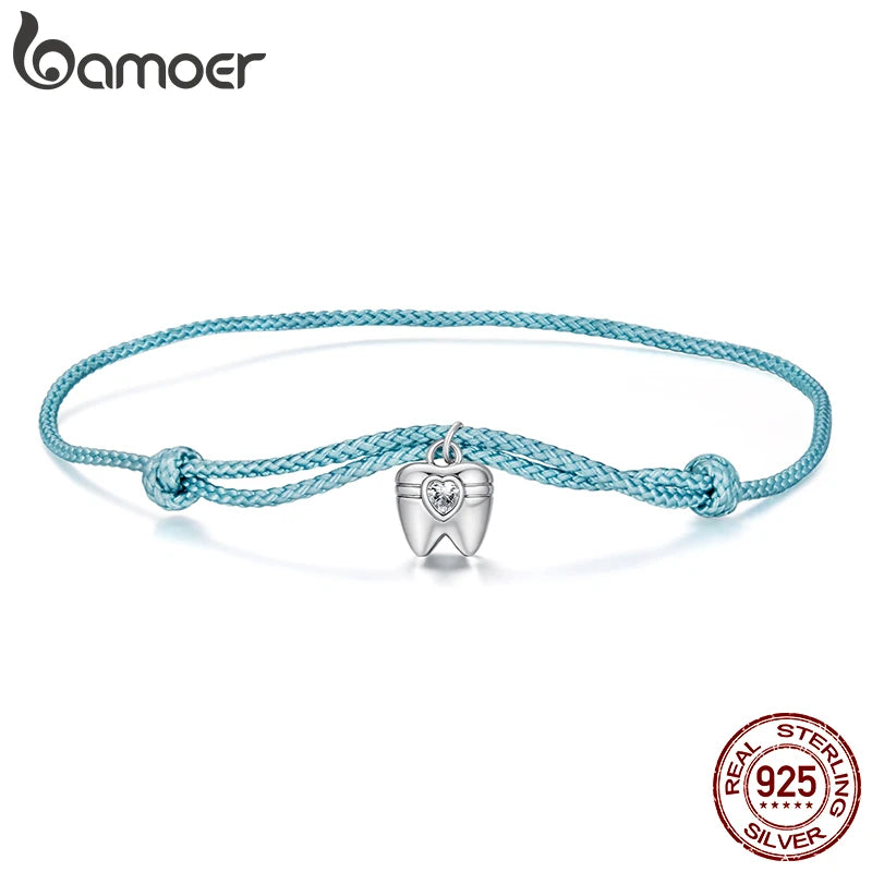 BAMOER 925 Sterling Silver Blue Rope Bracelet Teeth Zircon Pendant Knot Wrist Chain Adjustable for Women Summer Fresh Party Gift